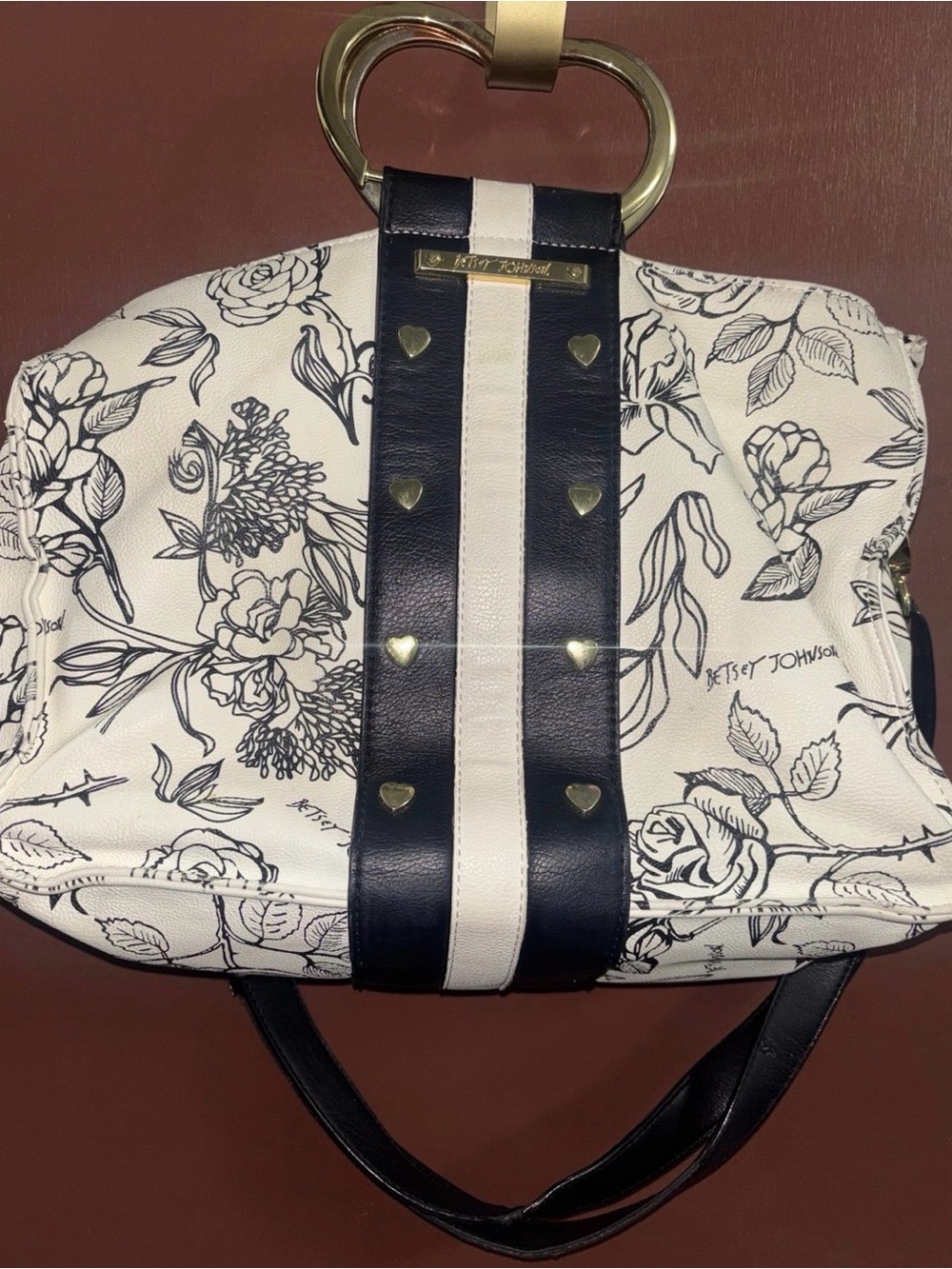 Betsey Johnson Black & White Floral Tote with Heart Stud Trim